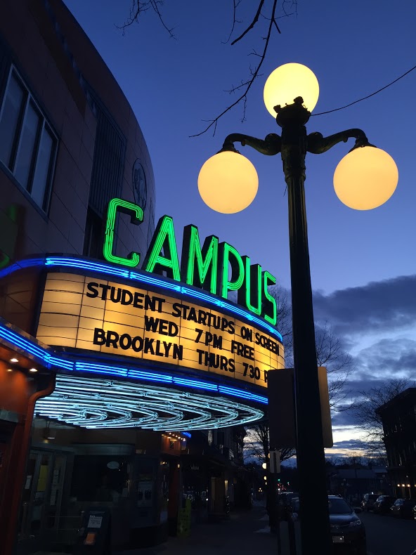 Exterior of campus theatre with Studnt start-ups on the marquee